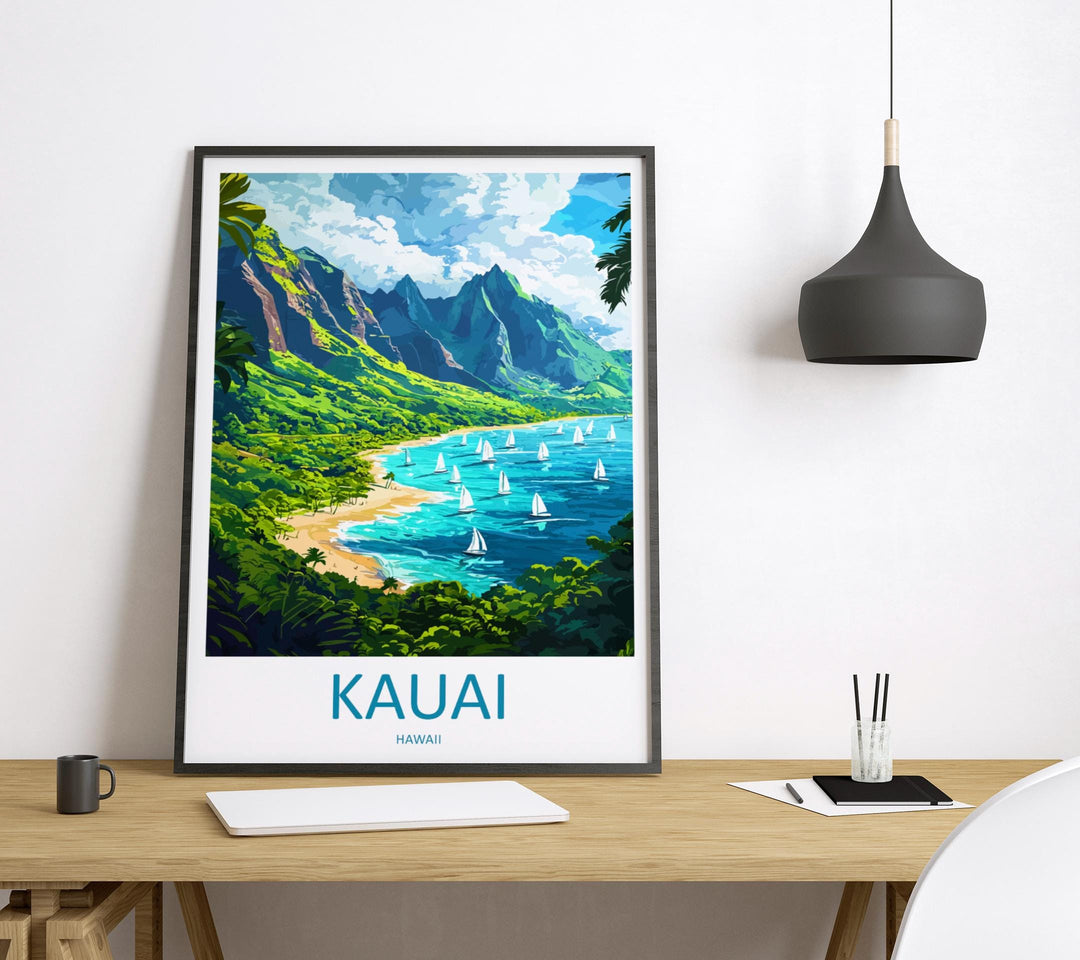 Kauai Cartoon Travel Poster Hawaii Wall Art Island Print Tropical Illustration Coastal Decor Kauai Souvenir Gift