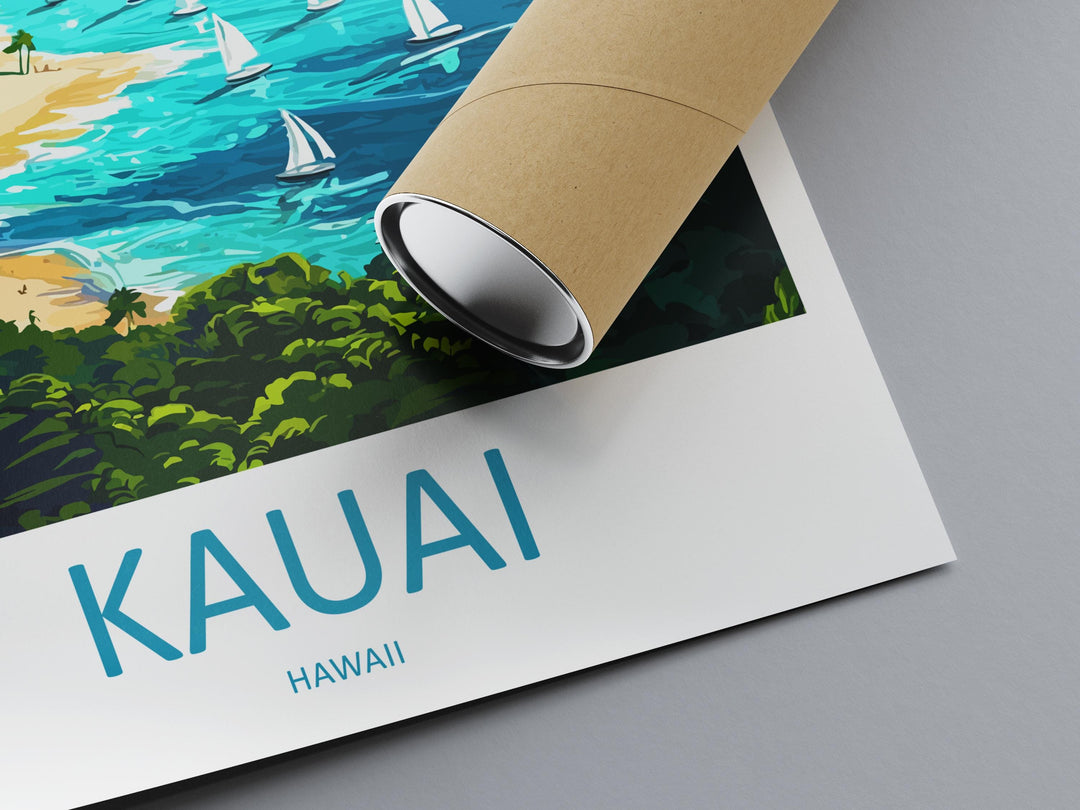Kauai Cartoon Travel Poster Hawaii Wall Art Island Print Tropical Illustration Coastal Decor Kauai Souvenir Gift