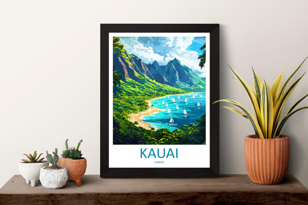 Kauai Cartoon Travel Poster Hawaii Wall Art Island Print Tropical Illustration Coastal Decor Kauai Souvenir Gift