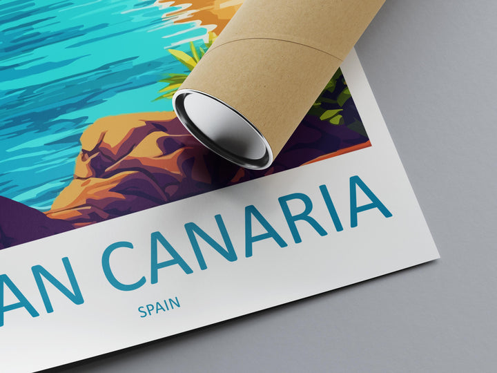 Gran Canaria Cartoon Travel Poster Spain Wall Art Island Landscape Print Coastal Decor Canary Islands Nature Scene Souvenir Gift