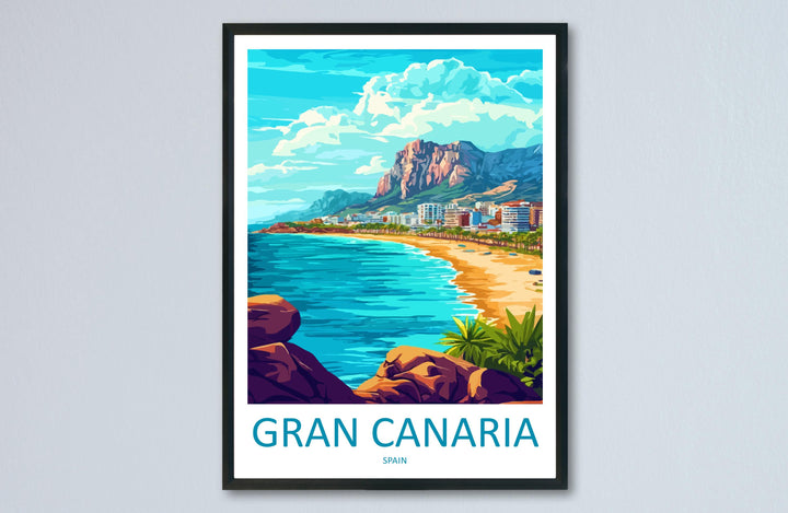 Gran Canaria Cartoon Travel Poster Spain Wall Art Island Landscape Print Coastal Decor Canary Islands Nature Scene Souvenir Gift