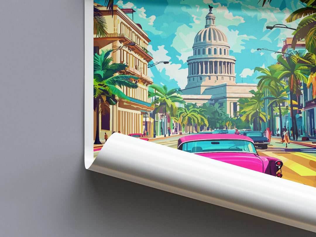 Cuba Cartoon Travel Poster Caribbean Wall Art Island Street Print Colorful Architecture Illustration Cuba Decor Vintage Gift Souvenir