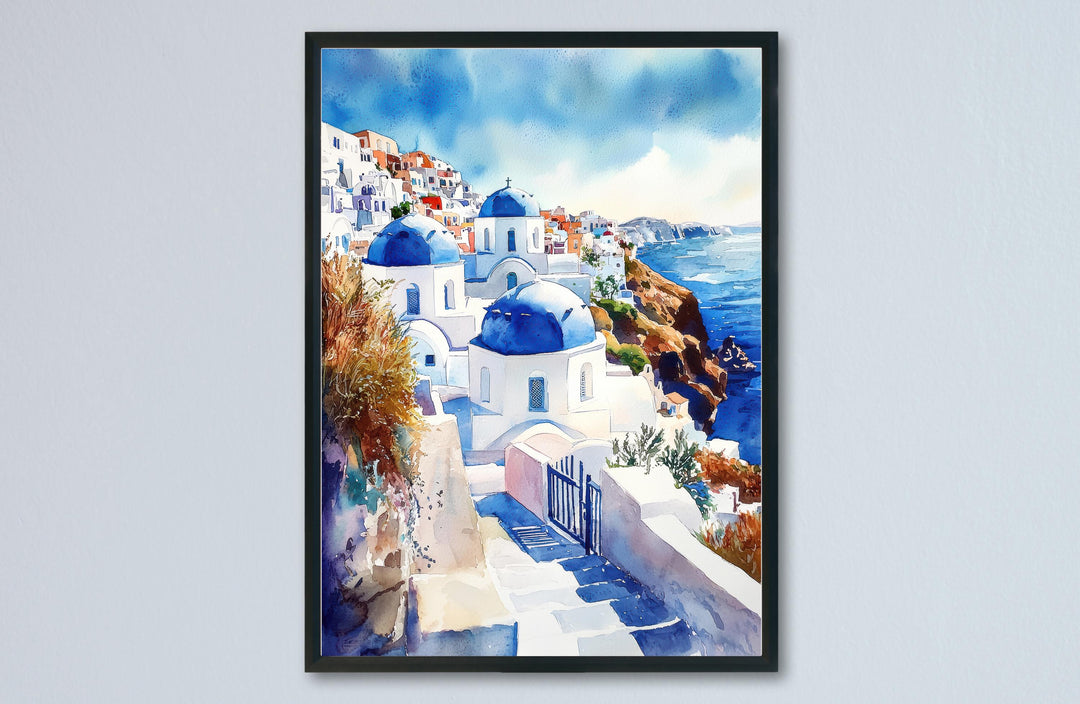 Santorini Watercolor Poster Santorini Travel Print Santorini Wall Art Santorini Cityscape Painting Santorini Souvenir Greece Island Decor