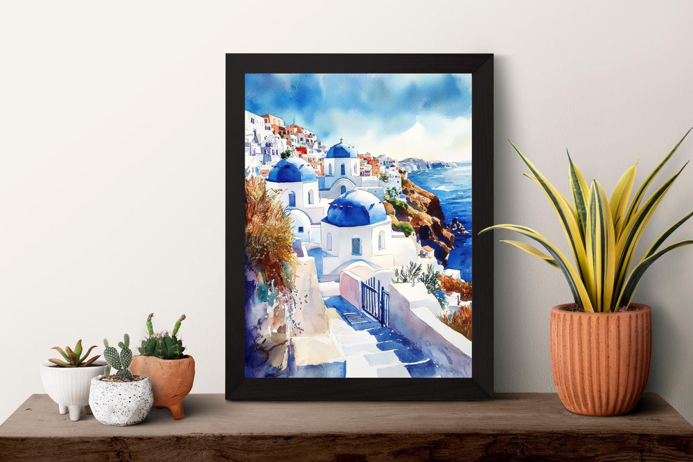 Santorini Watercolor Poster Santorini Travel Print Santorini Wall Art Santorini Cityscape Painting Santorini Souvenir Greece Island Decor