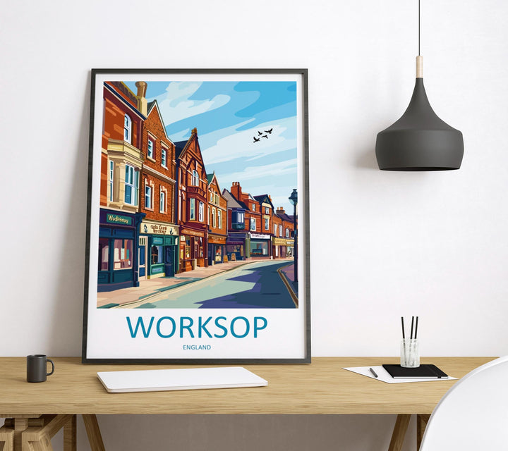 Worksop Travel Poster England Wall Art Market Town Print Historic Street Illustration Sherwood Forest Decor Worksop Gift Souvenir