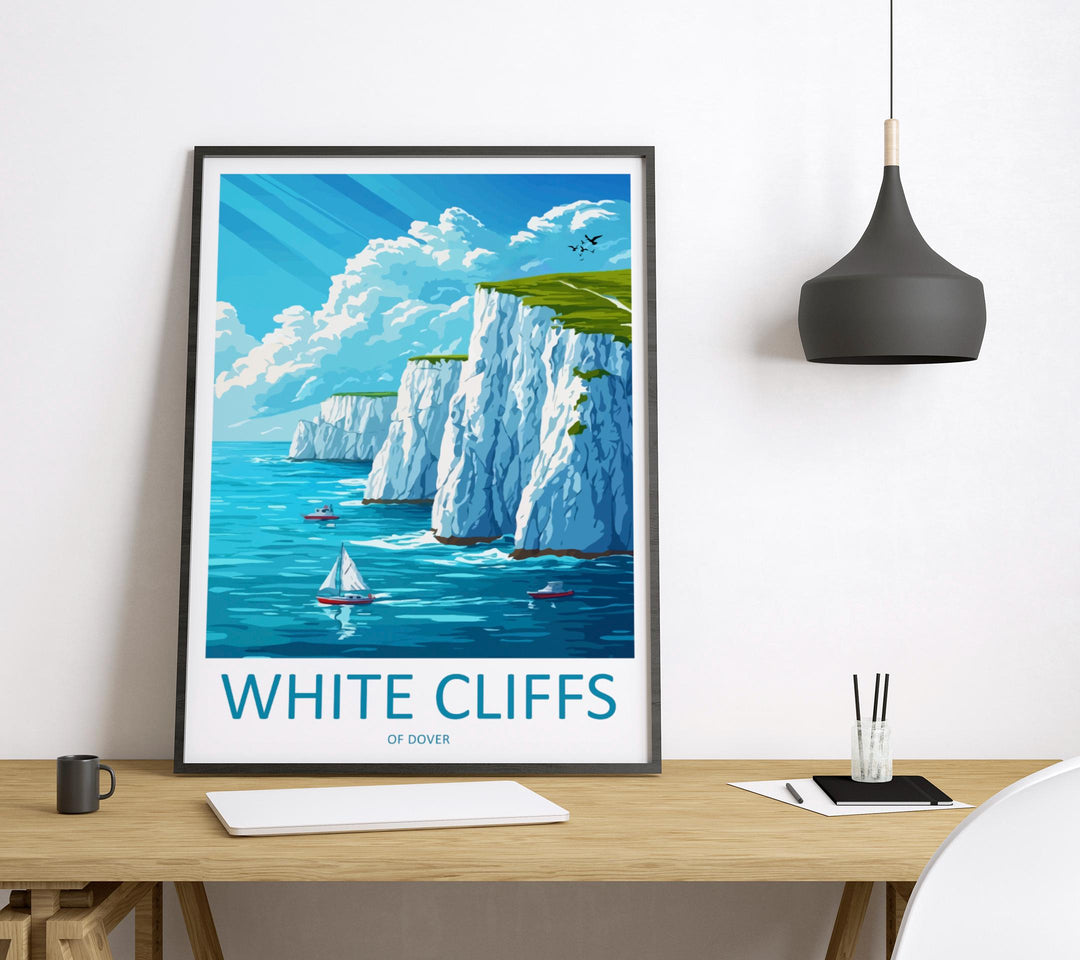 White Cliffs of Dover Travel Poster England Wall Art Coastal Landscape Print Chalk Cliff Illustration Dover Decor Souvenir Gift