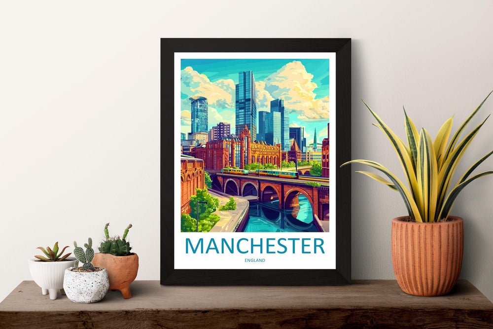 Manchester Travel Poster England Wall Art Cityscape Print Urban Illustration Industrial Decor Northern City Gift Manchester Souvenir