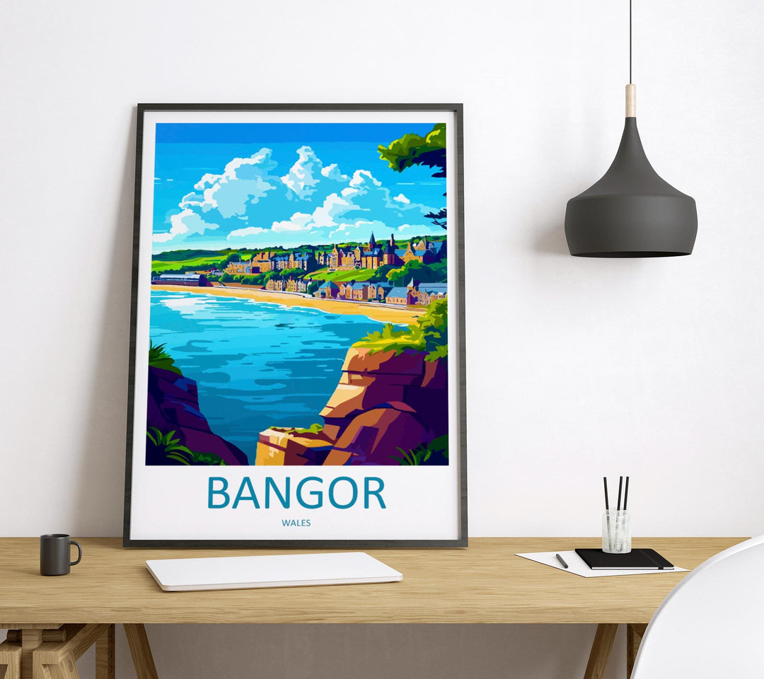 Bangor Travel Poster Wales Wall Art Coastal Town Print Pier View Illustration Menai Strait Decor Bangor City Gift Souvenir Scene