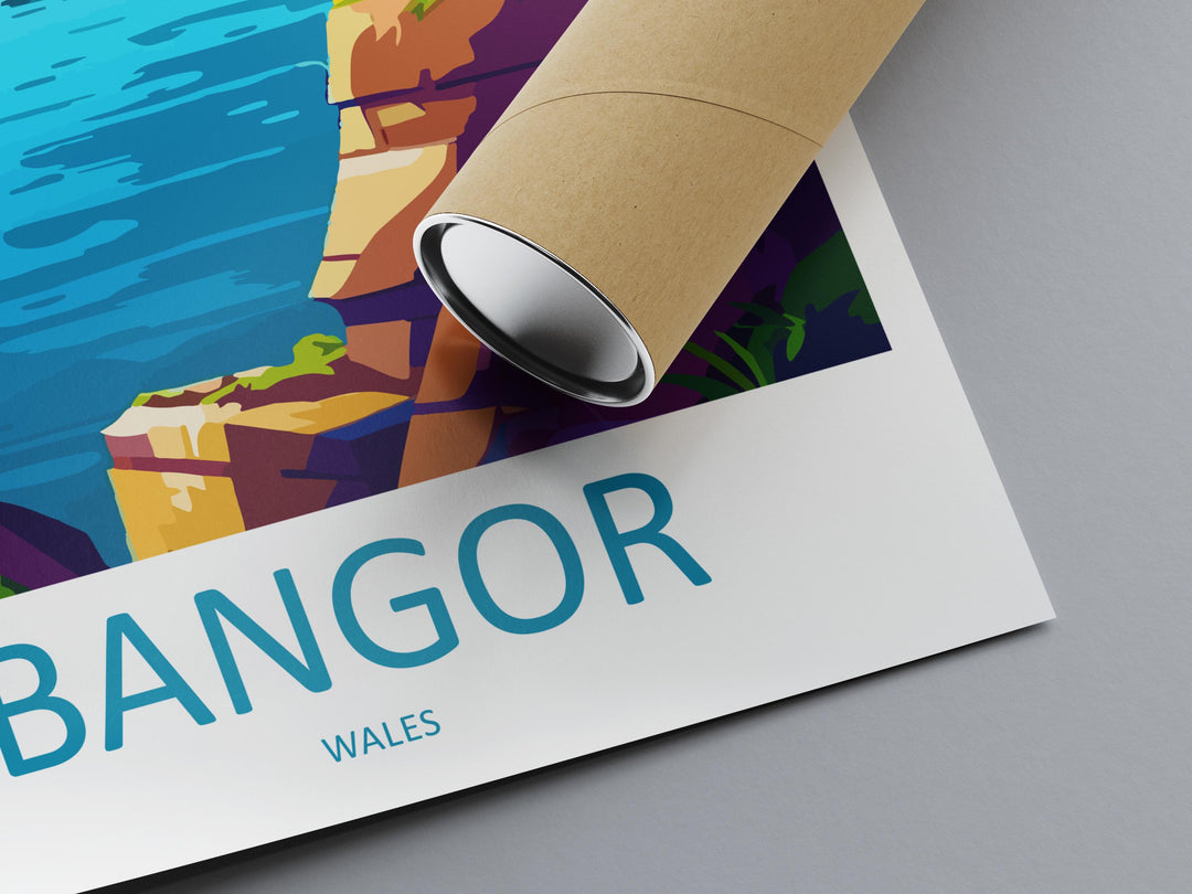 Bangor Travel Poster Wales Wall Art Coastal Town Print Pier View Illustration Menai Strait Decor Bangor City Gift Souvenir Scene