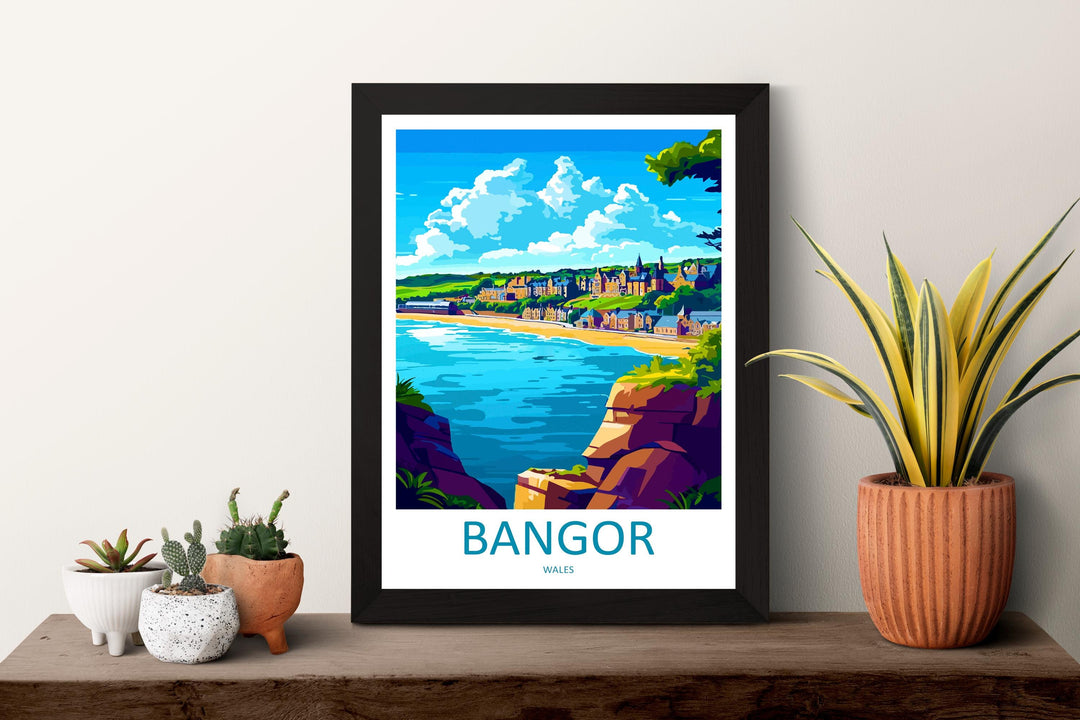 Bangor Travel Poster Wales Wall Art Coastal Town Print Pier View Illustration Menai Strait Decor Bangor City Gift Souvenir Scene