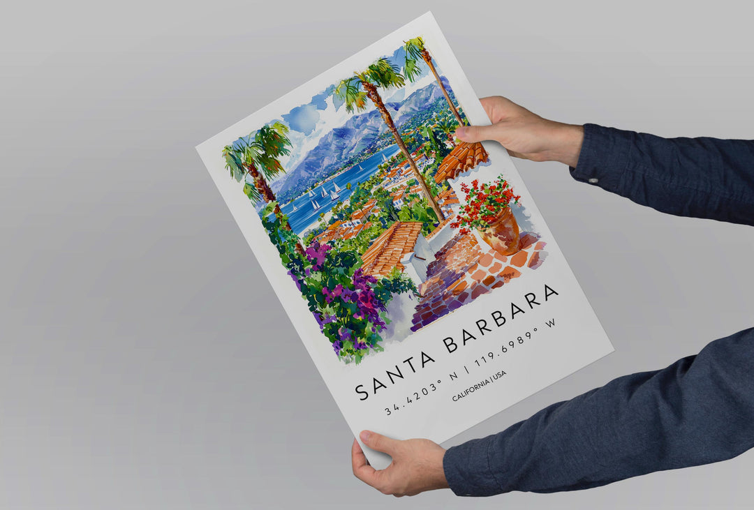 Santa Barbara Watercolor Poster Santa Barbara Travel Print Wall Art California Coast Painting Santa Barbara Decor