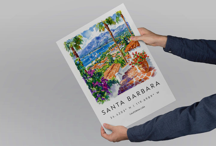 Santa Barbara Watercolor Poster Santa Barbara Travel Print Wall Art California Coast Painting Santa Barbara Decor