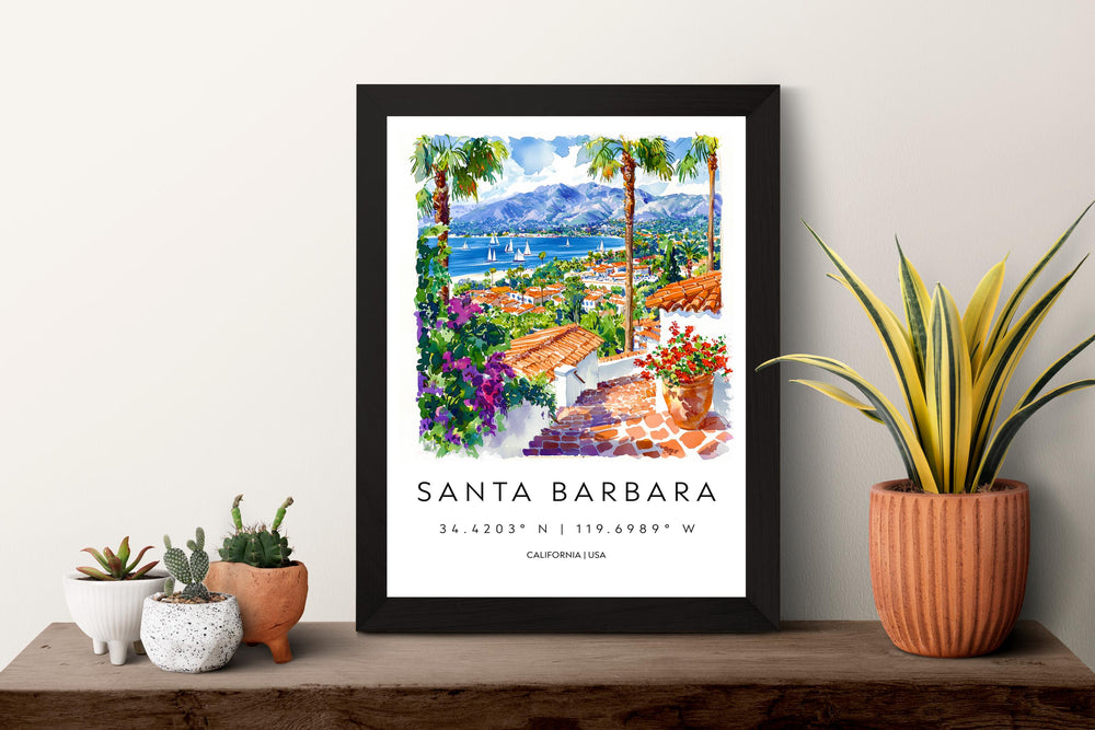 Santa Barbara Watercolor Poster Santa Barbara Travel Print Wall Art California Coast Painting Santa Barbara Decor