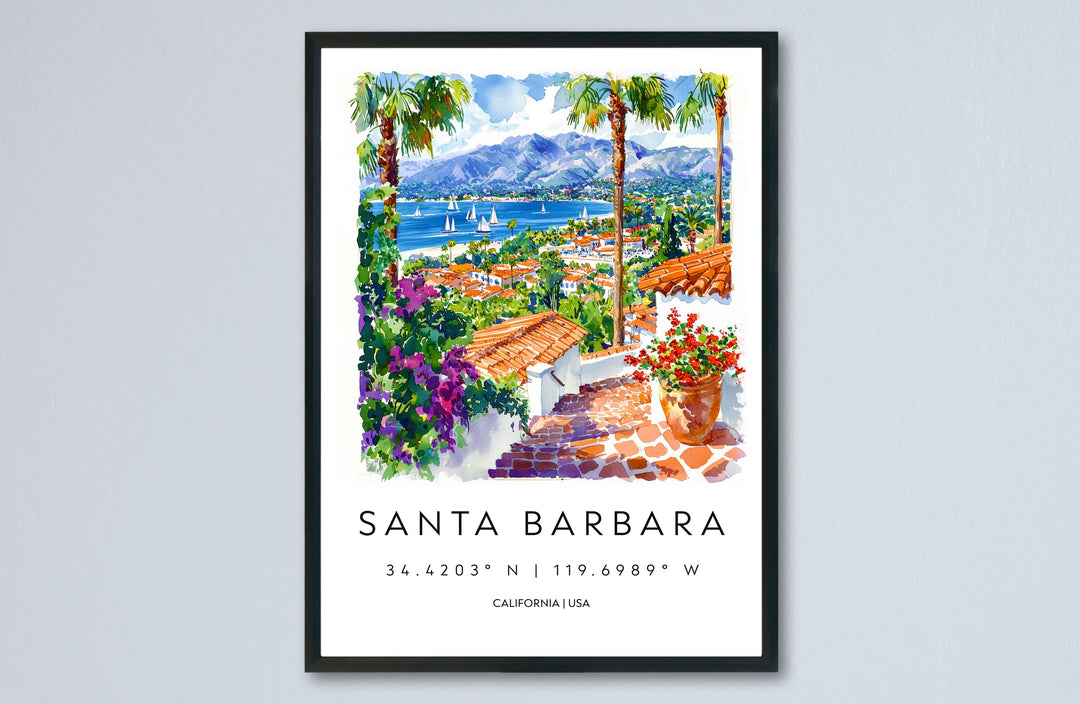 Santa Barbara Watercolor Poster Santa Barbara Travel Print Wall Art California Coast Painting Santa Barbara Decor