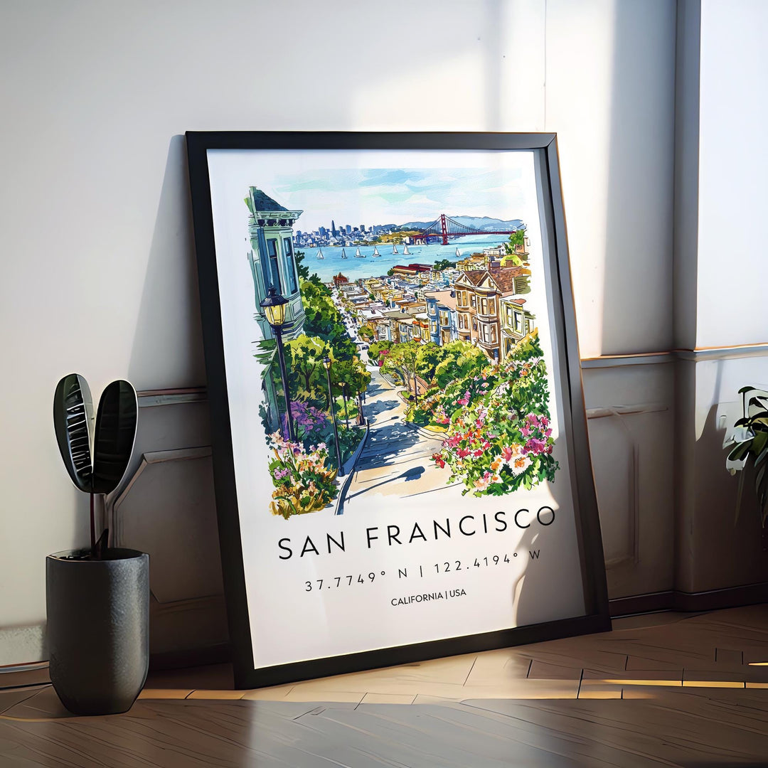 San Francisco Watercolor Poster San Francisco Travel Print California Wall Art Cityscape Painting SF Souvenir Decor