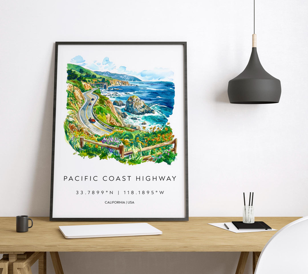 Pacific Coast Highway Watercolor Poster PCH Travel Print California Coast Art Scenic Drive Painting Coastal Decor
