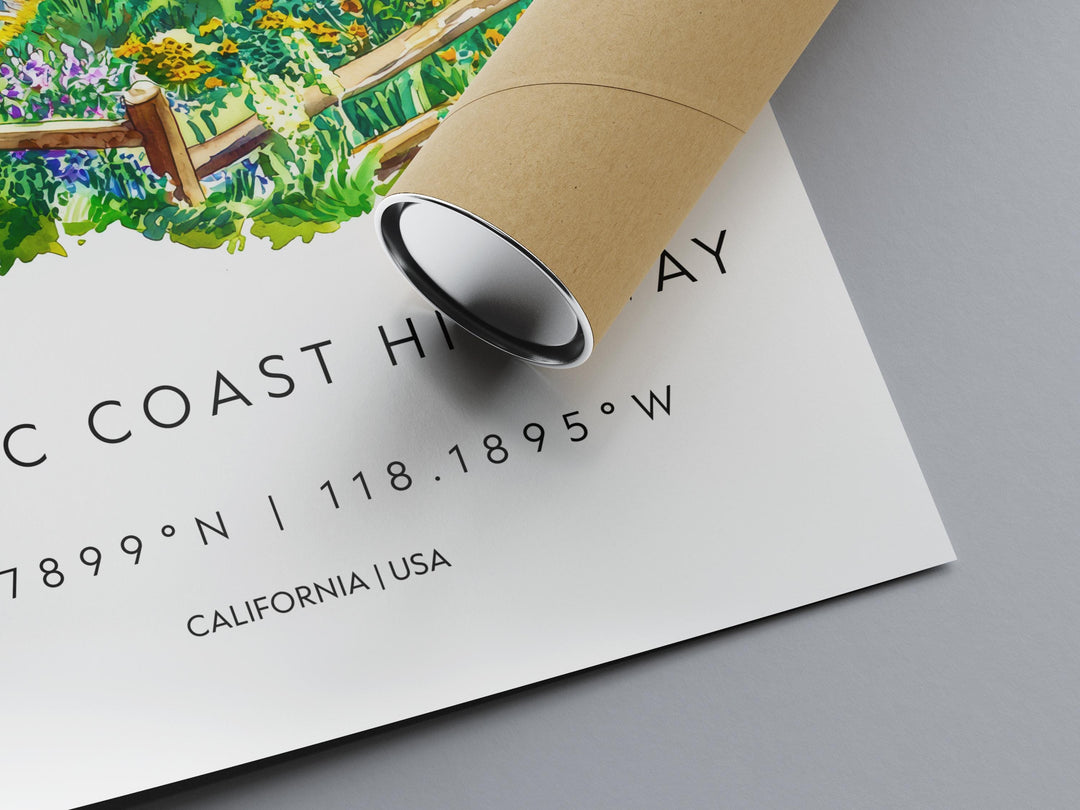 Pacific Coast Highway Watercolor Poster PCH Travel Print California Coast Art Scenic Drive Painting Coastal Decor
