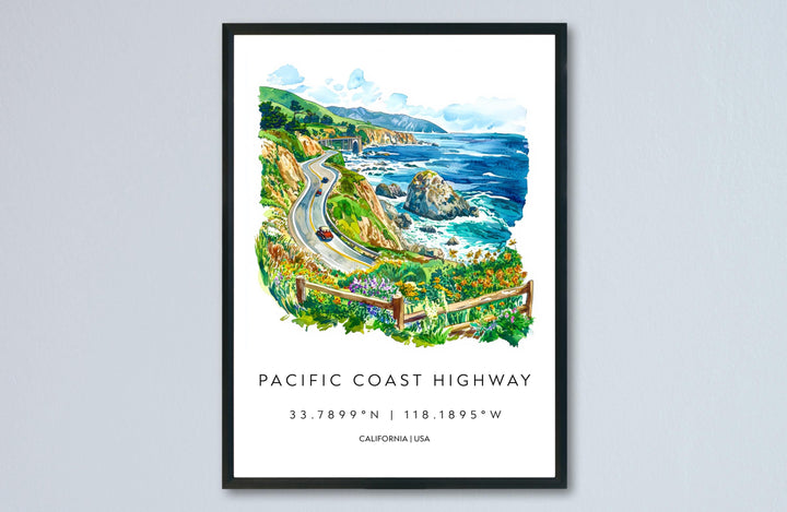 Pacific Coast Highway Watercolor Poster PCH Travel Print California Coast Art Scenic Drive Painting Coastal Decor