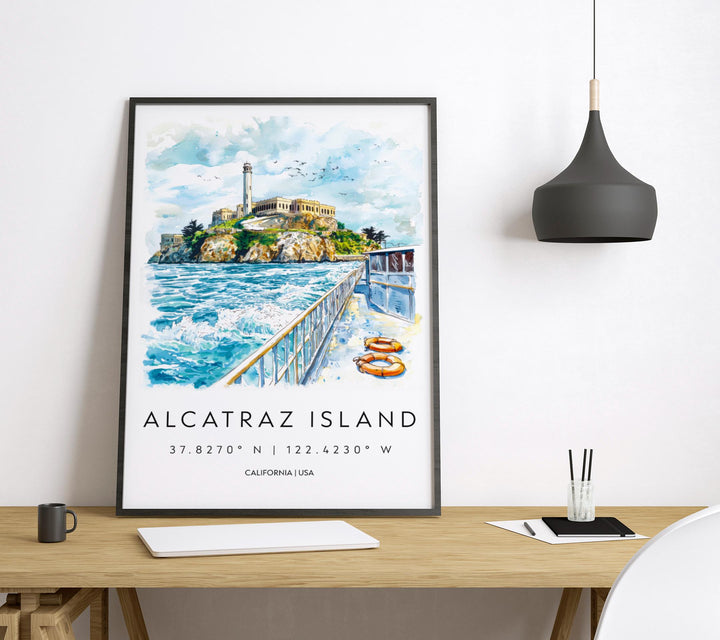 Alcatraz Island Watercolor Poster Alcatraz Travel Print San Francisco Wall Art Bay Landmark Painting Alcatraz Decor