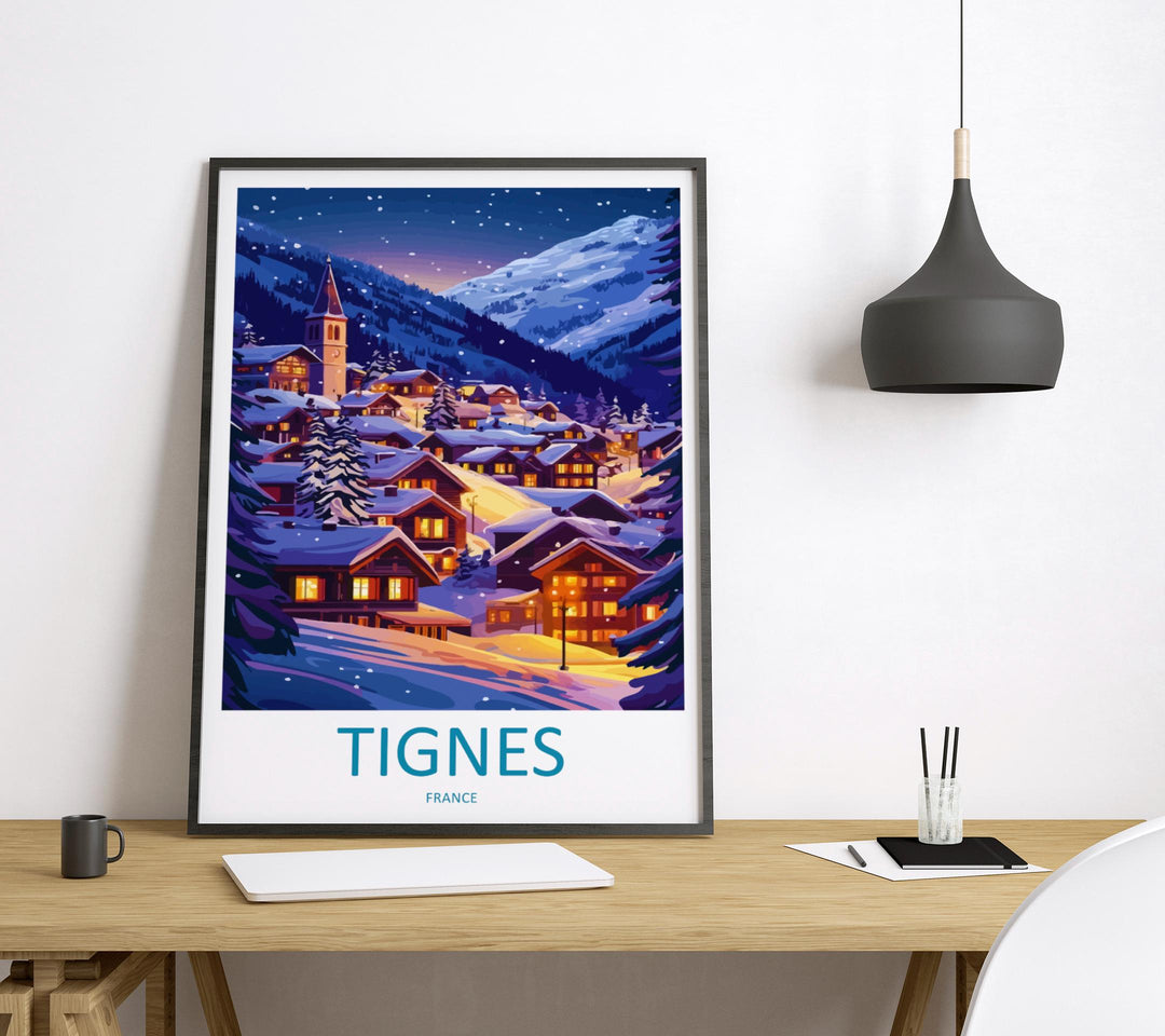 Tignes Travel Poster France Wall Art Ski Resort Print Alpine Mountain Illustration Snowy Landscape Decor Tignes Gift Souvenir Scene