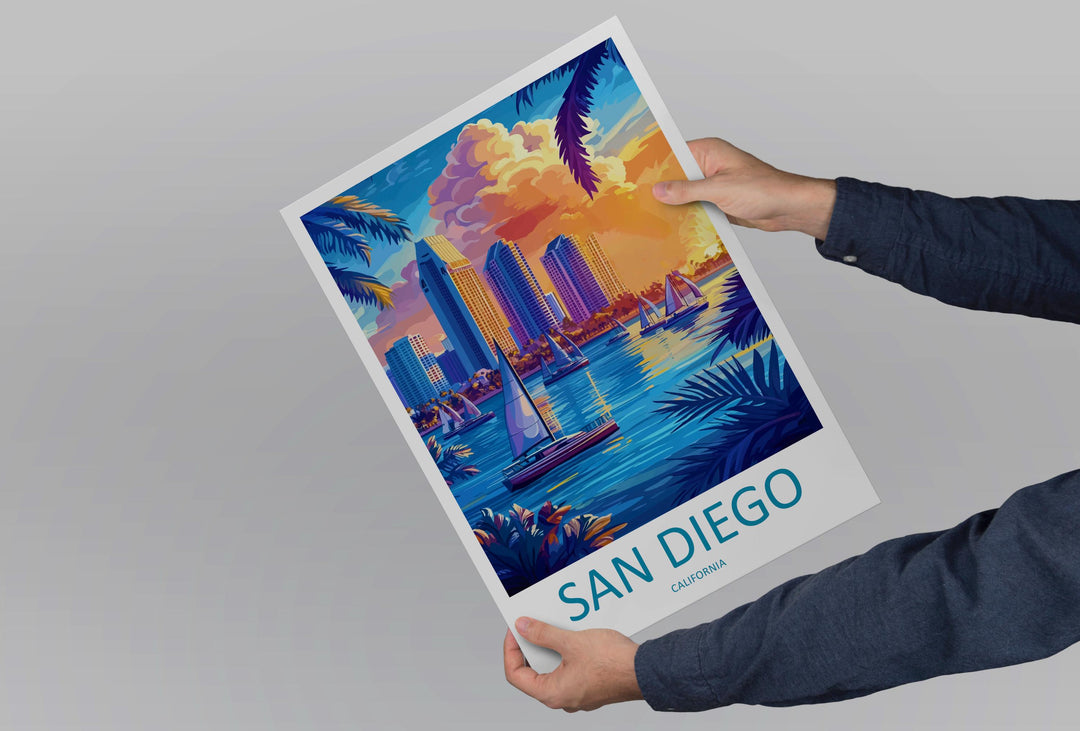 San Diego Travel Poster California Wall Art Coastal City Print Ocean View Illustration Palm Tree Decor San Diego Gift Souvenir Scene