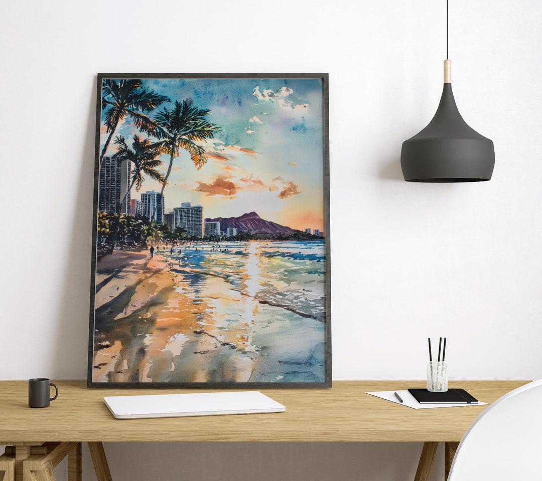 Waikiki Beach Watercolor Poster Waikiki Travel Print Waikiki Hawaii Art Waikiki Beach Decor Waikiki Wall Art