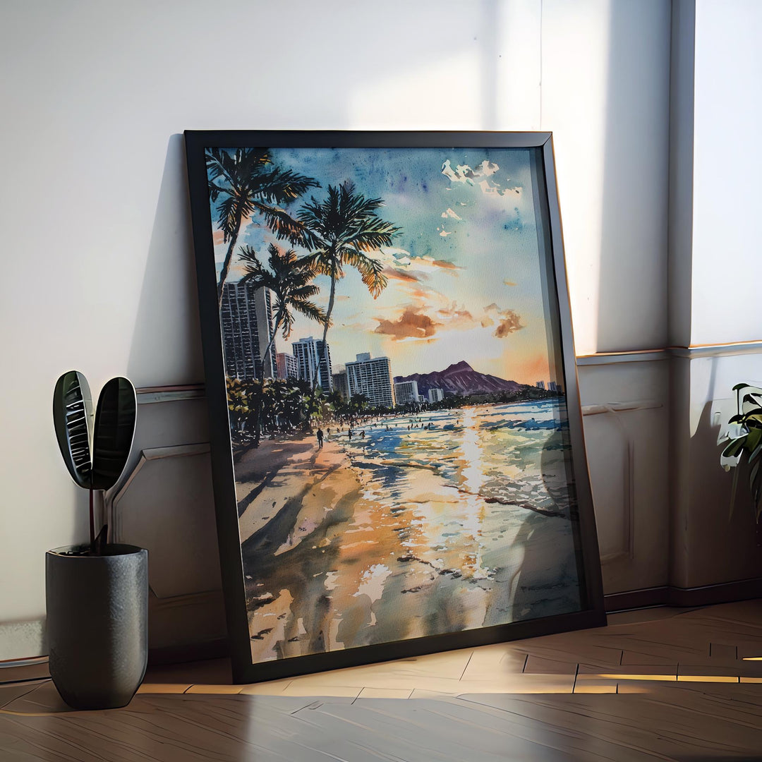 Waikiki Beach Watercolor Poster Waikiki Travel Print Waikiki Hawaii Art Waikiki Beach Decor Waikiki Wall Art