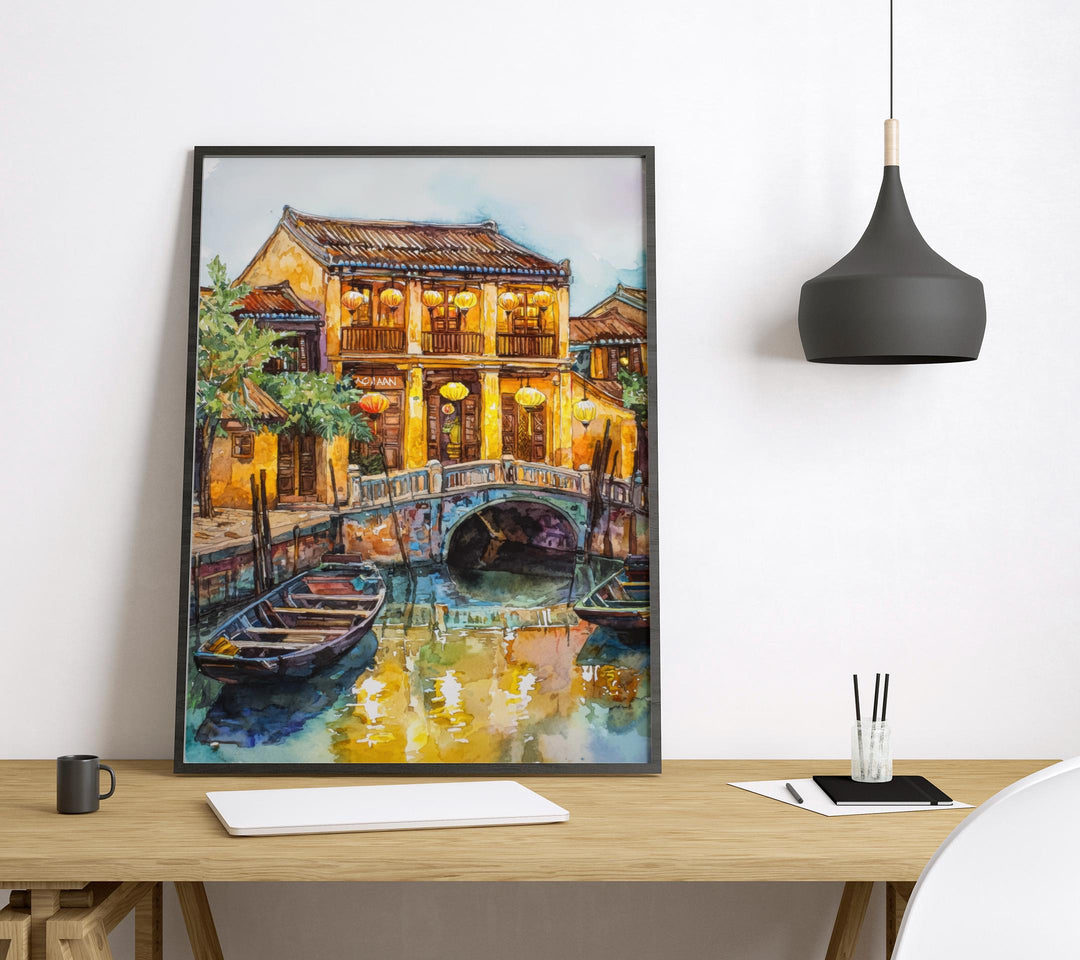 Hoi An Watercolor Poster Hoi An Travel Print Vietnam Wall Art Hoi An Lantern Decor Ancient Town River View Southeast Asia Cityscape Print