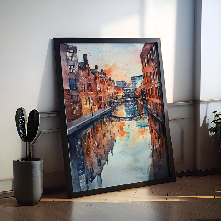 Birmingham Watercolor Poster Birmingham Travel Print England Wall Art Birmingham City Decor Urban Skyline Canal Architecture Scene Print