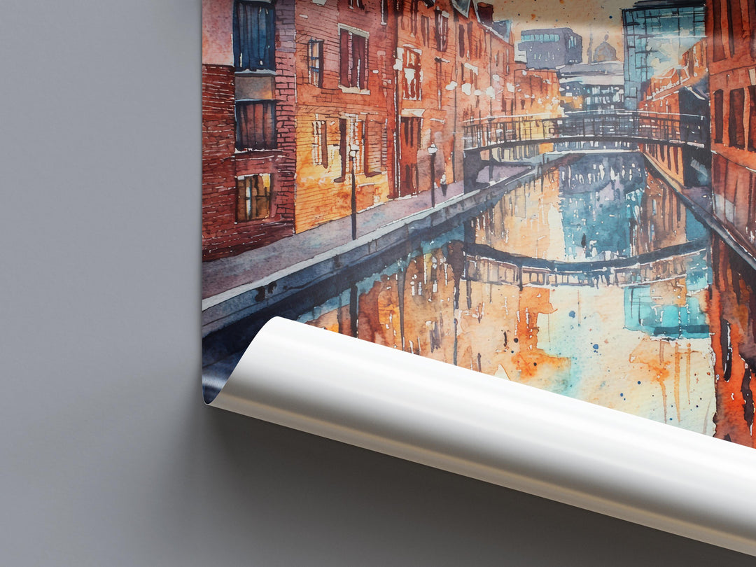 Birmingham Watercolor Poster Birmingham Travel Print England Wall Art Birmingham City Decor Urban Skyline Canal Architecture Scene Print