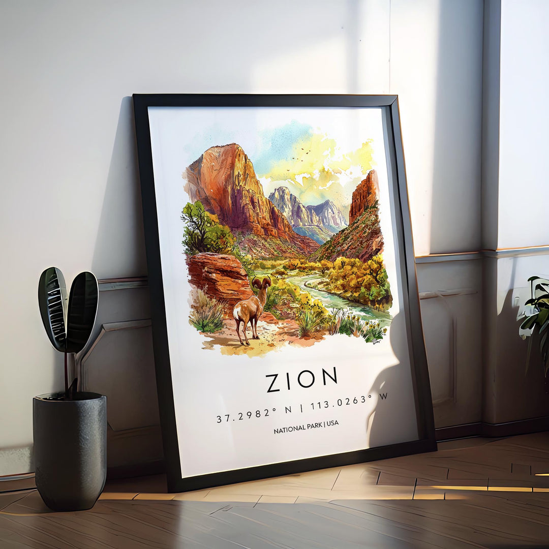 Zion National Park Watercolor Poster Zion Travel Print Utah Wall Art Canyon Landscape Decor Zion Hiking Scene Nature Southwest Print