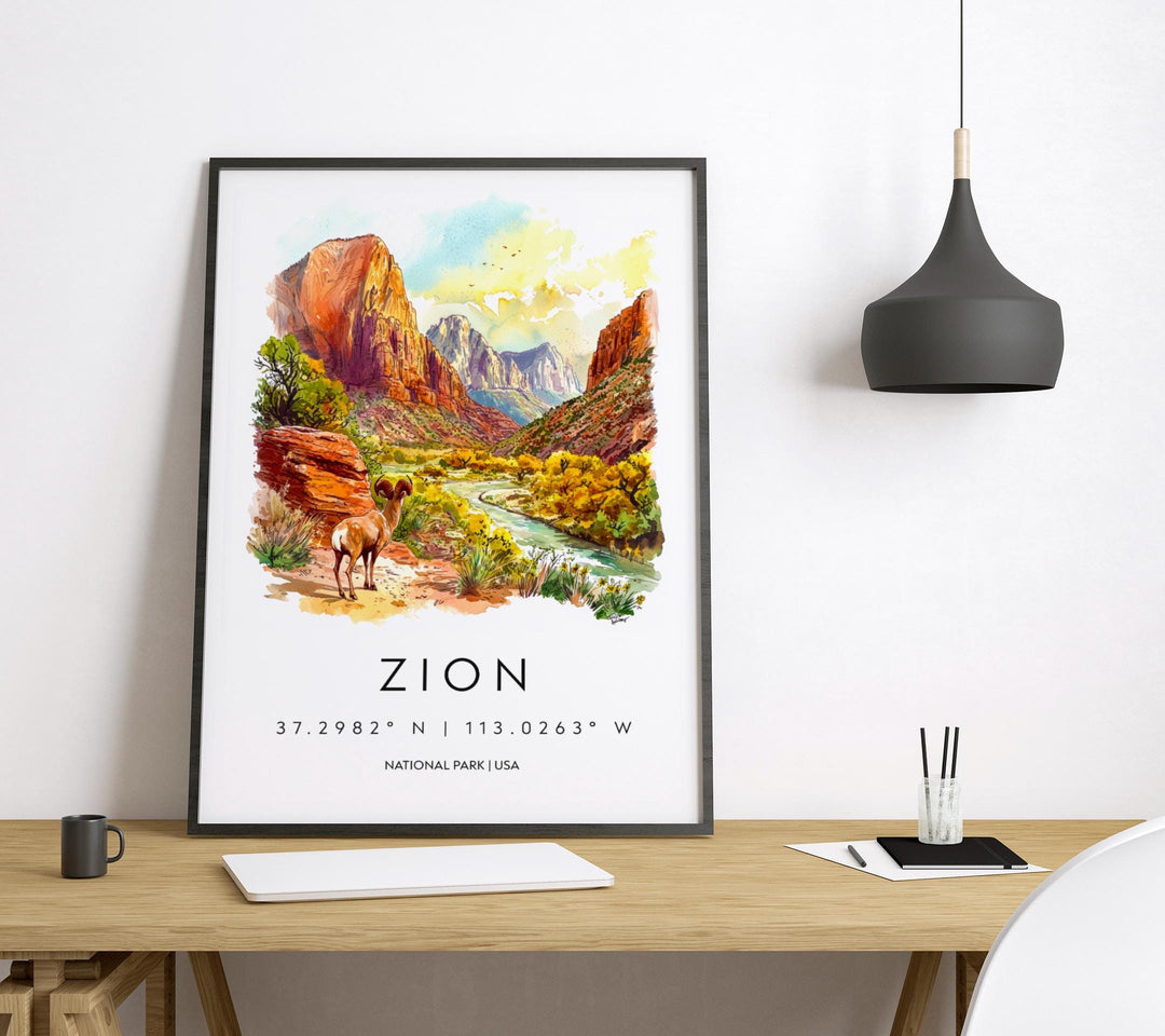 Zion National Park Watercolor Poster Zion Travel Print Utah Wall Art Canyon Landscape Decor Zion Hiking Scene Nature Southwest Print