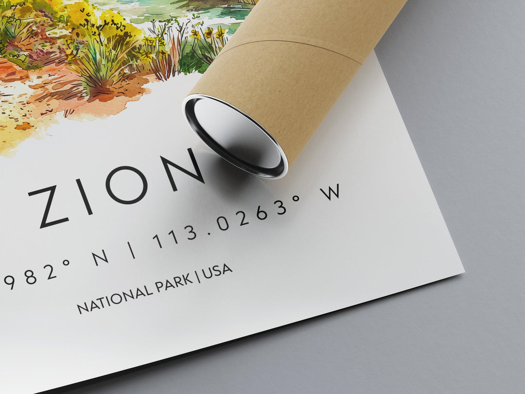 Zion National Park Watercolor Poster Zion Travel Print Utah Wall Art Canyon Landscape Decor Zion Hiking Scene Nature Southwest Print