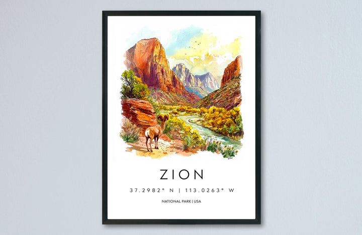 Zion National Park Watercolor Poster Zion Travel Print Utah Wall Art Canyon Landscape Decor Zion Hiking Scene Nature Southwest Print