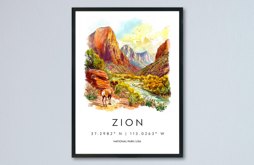 Zion National Park Watercolor Poster Zion Travel Print Utah Wall Art Canyon Landscape Decor Zion Hiking Scene Nature Southwest Print