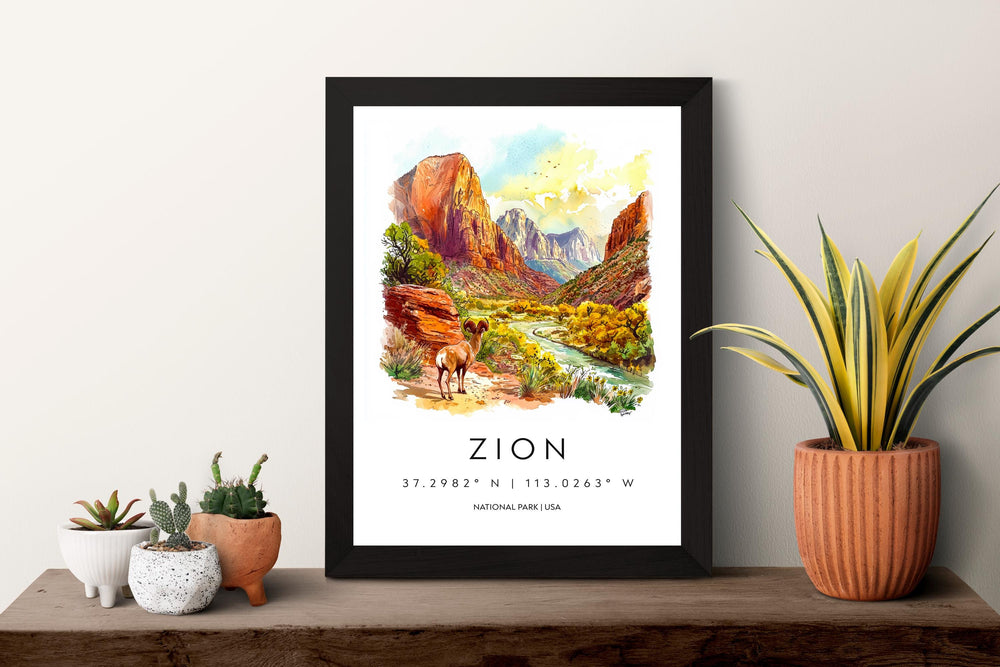 Zion National Park Watercolor Poster Zion Travel Print Utah Wall Art Canyon Landscape Decor Zion Hiking Scene Nature Southwest Print