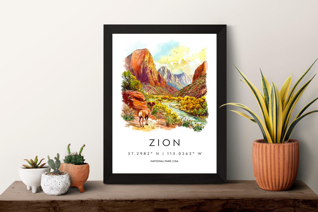 Zion National Park Watercolor Poster Zion Travel Print Utah Wall Art Canyon Landscape Decor Zion Hiking Scene Nature Southwest Print