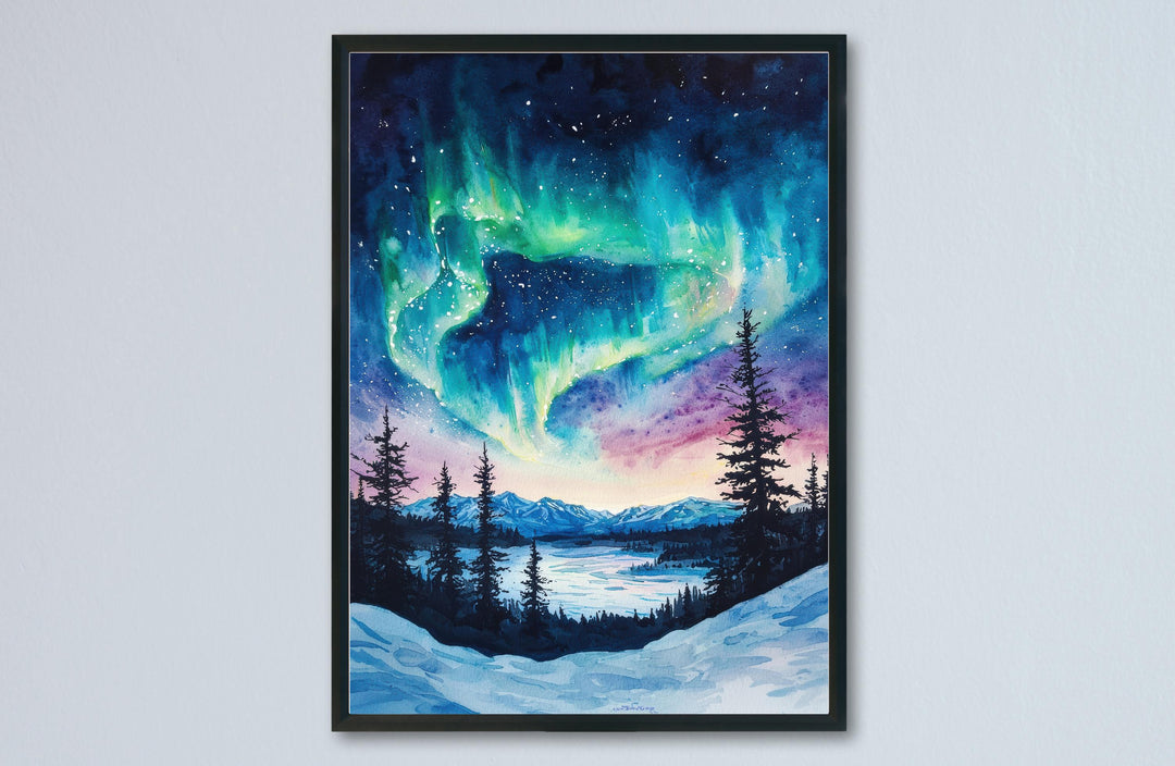 Northern Lights Watercolor Poster Aurora Borealis Print Arctic Sky Wall Art Northern Lights Painting Travel Souvenir Nature Decor