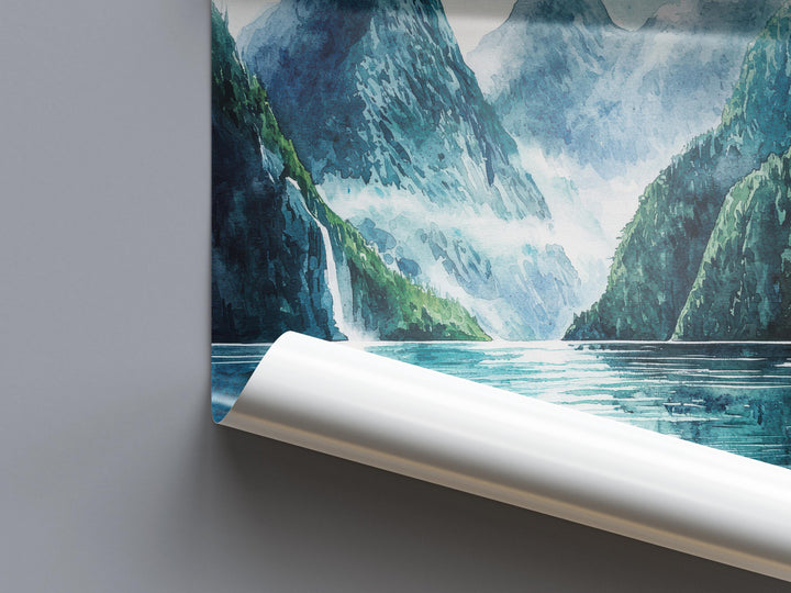 Milford Sound Watercolor Poster Milford Sound Travel Print Milford Sound Wall Art New Zealand Landscape Painting Decor