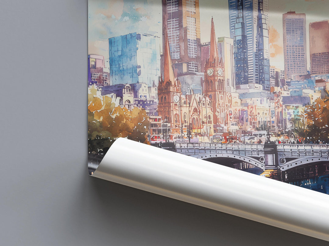 Melbourne Watercolor Poster Melbourne Travel Print Melbourne Wall Art Melbourne Cityscape Painting Australia Souvenir Decor