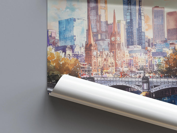 Melbourne Watercolor Poster Melbourne Travel Print Melbourne Wall Art Melbourne Cityscape Painting Australia Souvenir Decor