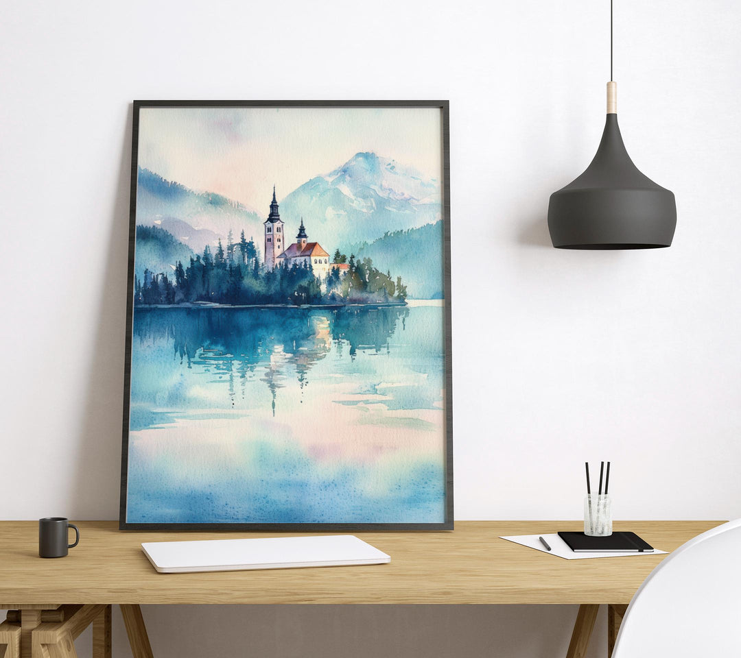 Lake Bled Watercolor Poster Lake Bled Travel Print Lake Bled Wall Art Lake Bled Landscape Painting Slovenia Souvenir Decor