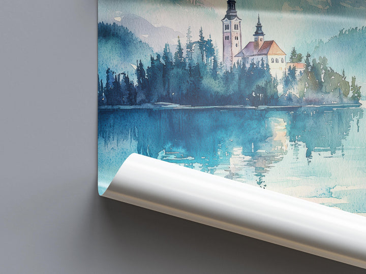 Lake Bled Watercolor Poster Lake Bled Travel Print Lake Bled Wall Art Lake Bled Landscape Painting Slovenia Souvenir Decor