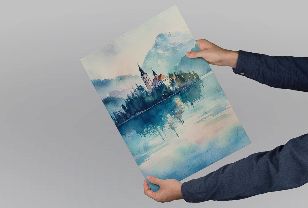 Lake Bled Watercolor Poster Lake Bled Travel Print Lake Bled Wall Art Lake Bled Landscape Painting Slovenia Souvenir Decor