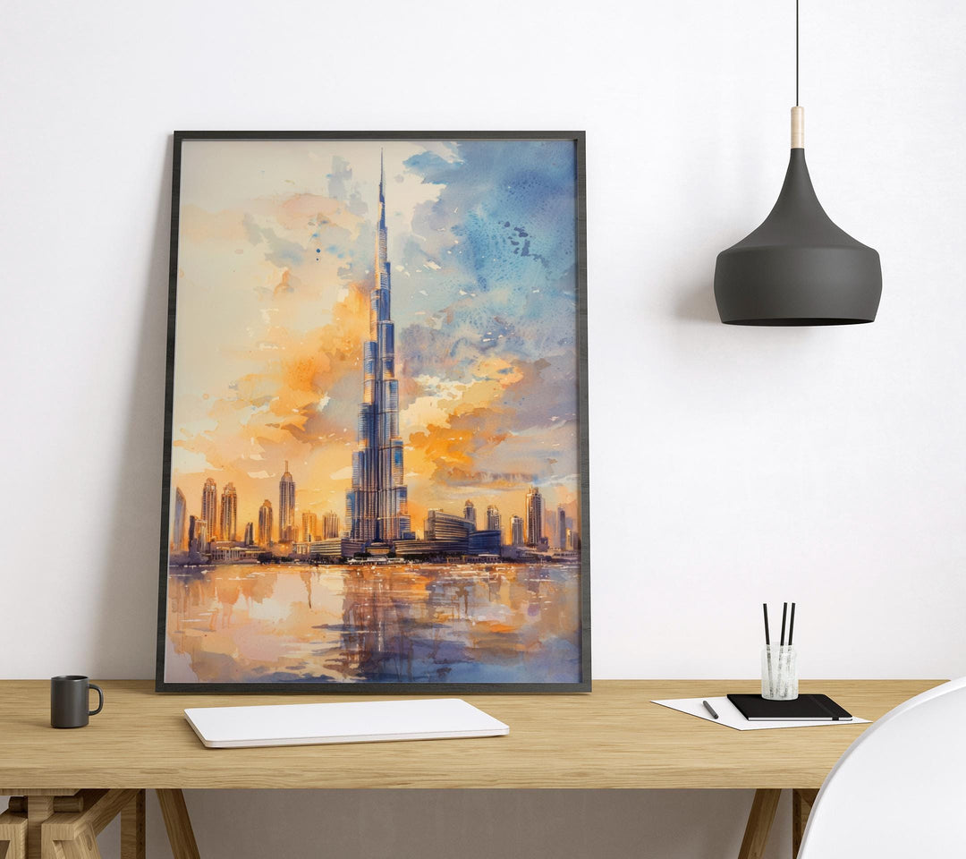 Dubai Watercolor Poster Dubai Travel Print Dubai Wall Art Dubai Cityscape Painting Dubai Souvenir UAE Skyline Decor
