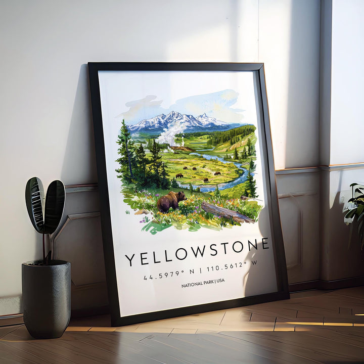 Yellowstone National Park Watercolor Poster Yellowstone Travel Print Wyoming Wall Art Geyser Landscape Decor Wildlife Nature Scene Print
