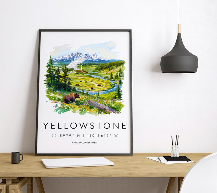 Yellowstone National Park Watercolor Poster Yellowstone Travel Print Wyoming Wall Art Geyser Landscape Decor Wildlife Nature Scene Print
