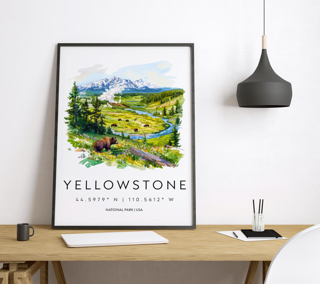 Yellowstone National Park Watercolor Poster Yellowstone Travel Print Wyoming Wall Art Geyser Landscape Decor Wildlife Nature Scene Print