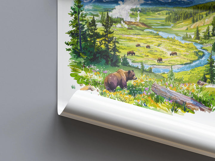 Yellowstone National Park Watercolor Poster Yellowstone Travel Print Wyoming Wall Art Geyser Landscape Decor Wildlife Nature Scene Print