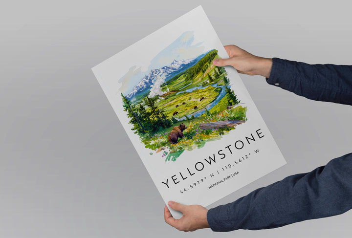 Yellowstone National Park Watercolor Poster Yellowstone Travel Print Wyoming Wall Art Geyser Landscape Decor Wildlife Nature Scene Print
